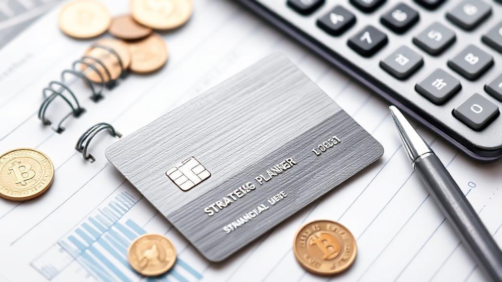 A sleek credit card resting on a financial planning notebook, surrounded by coins and a calculator, symbolizing strategic financial management.