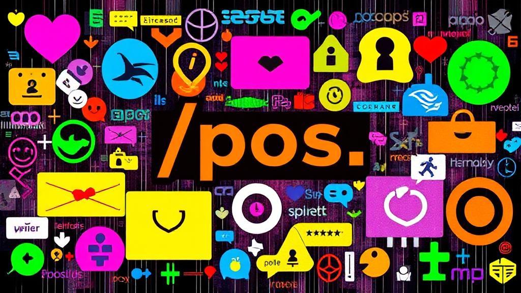 A vibrant digital collage illustrating the evolution of online communication, featuring the term "/pos" highlighted among various internet slang and symbols.