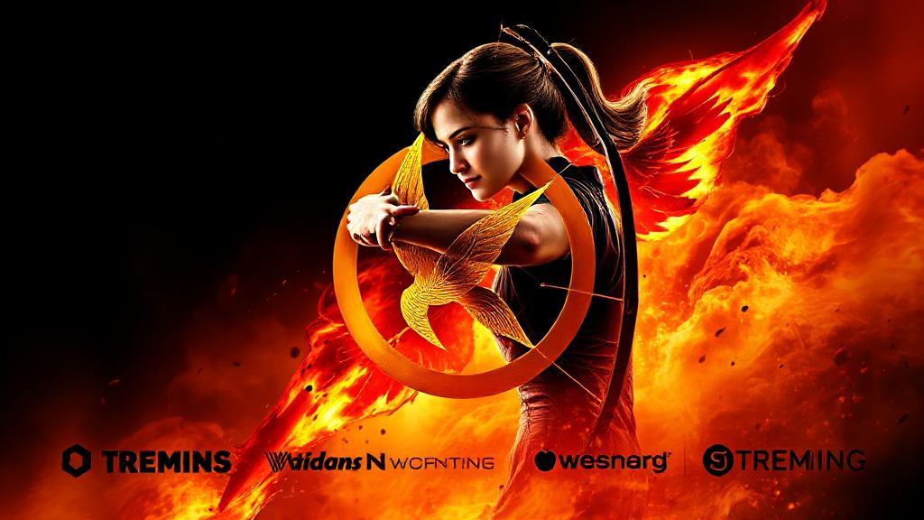 A dynamic collage featuring the iconic Mockingjay symbol, Katniss Everdeen poised with her bow, and streaming platform logos.
