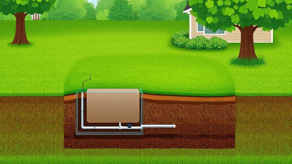 A cross-sectional illustration of a septic tank system in a lush green yard, highlighting its components and underground placement.