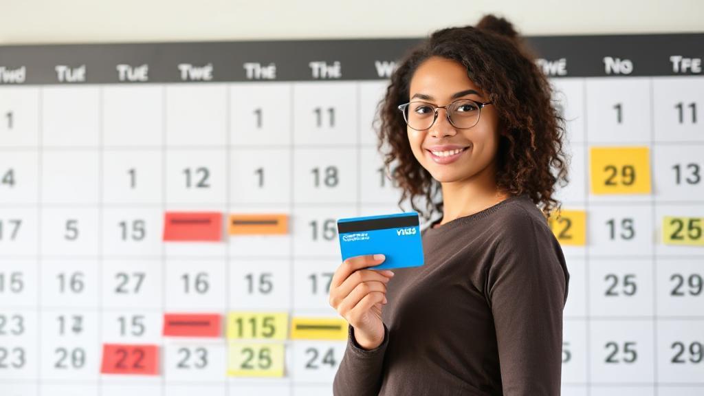 A young adult holding a credit card, standing in front of a calendar with marked dates, symbolizing the journey of building credit over time.