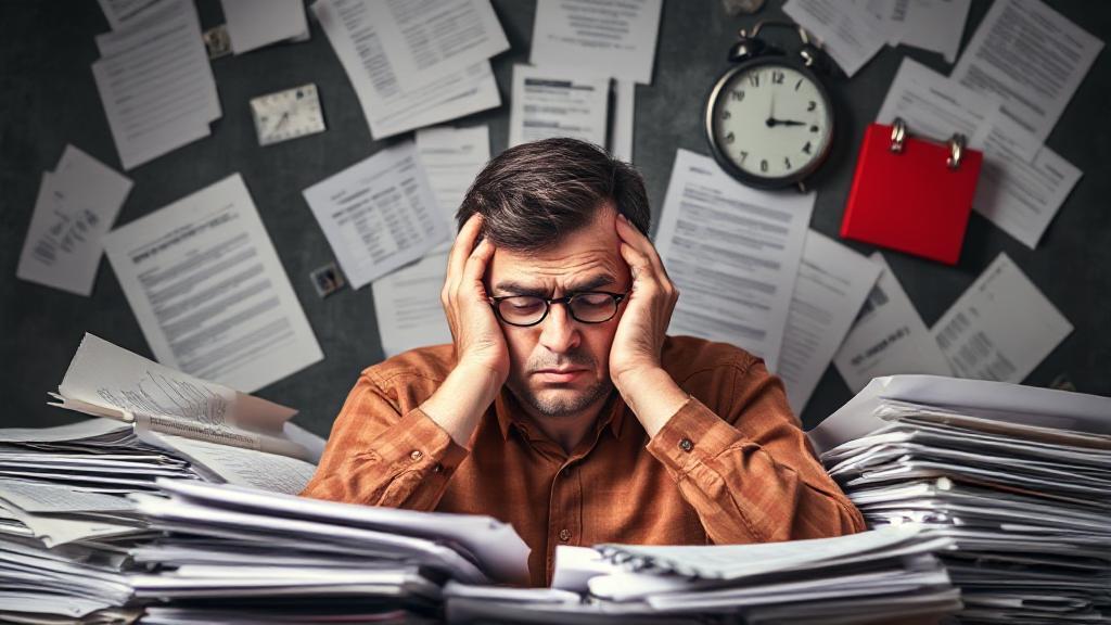 A stressed individual surrounded by tax documents and a looming calendar deadline.