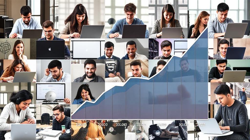 A dynamic collage of diverse software developers working on laptops, overlaid with a graph depicting salary trends.