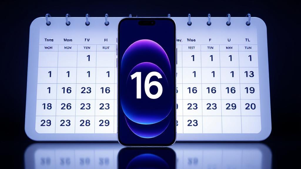 A sleek, futuristic concept design of the iPhone 16 set against a backdrop of a calendar highlighting the anticipated release month.