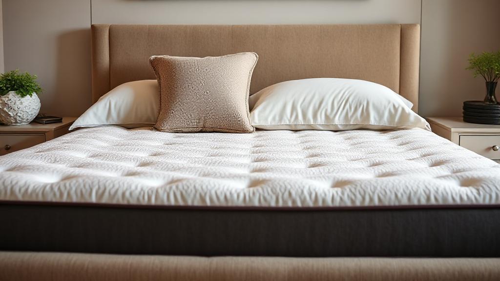 A cozy bedroom scene featuring a luxurious, well-made bed with plush pillows and a high-quality mattress, exuding comfort and support.