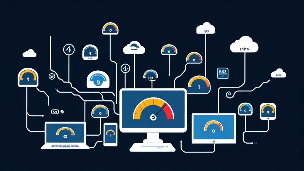 A digital illustration of various internet-connected devices with speedometer icons, symbolizing different Mbps levels.