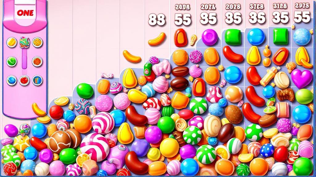 A vibrant collage of colorful Candy Crush game elements, featuring various candies and boosters, set against a backdrop of ascending level numbers.