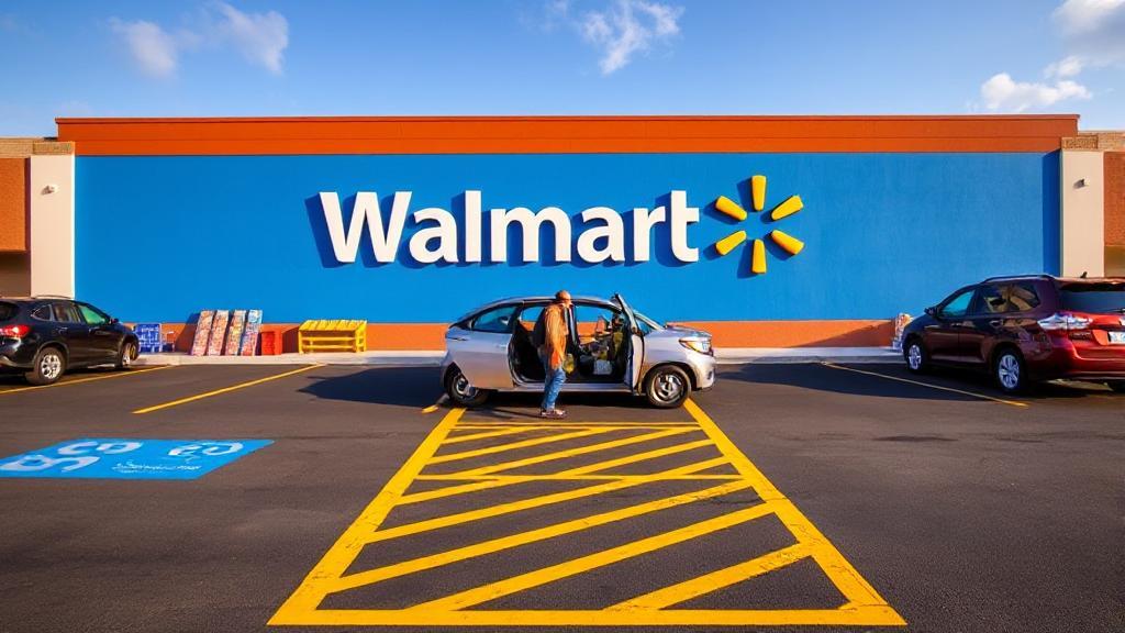 A vibrant image of a Walmart parking lot with a designated pickup area, featuring a customer loading groceries into their car.