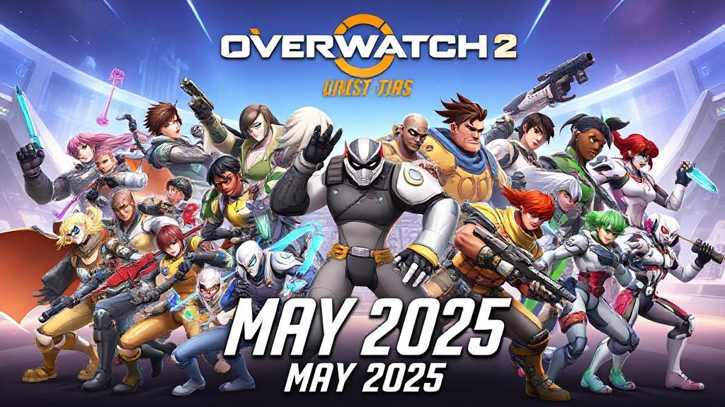 A vibrant collage showcasing all Overwatch 2 heroes as of May 2025, assembled in dynamic action poses against a futuristic backdrop.