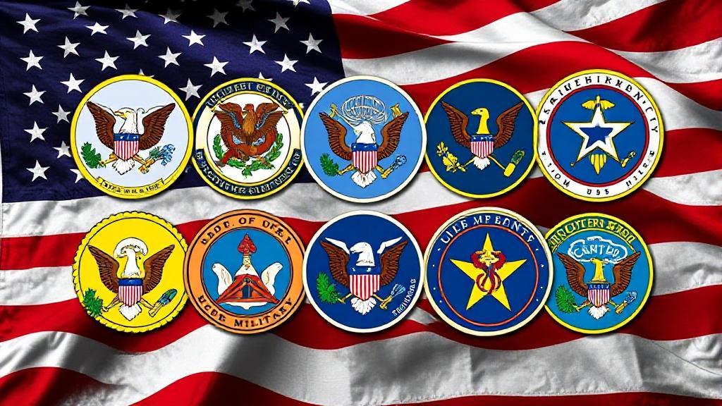 A dynamic collage of the emblems of all six branches of the U.S. military set against a backdrop of the American flag.
