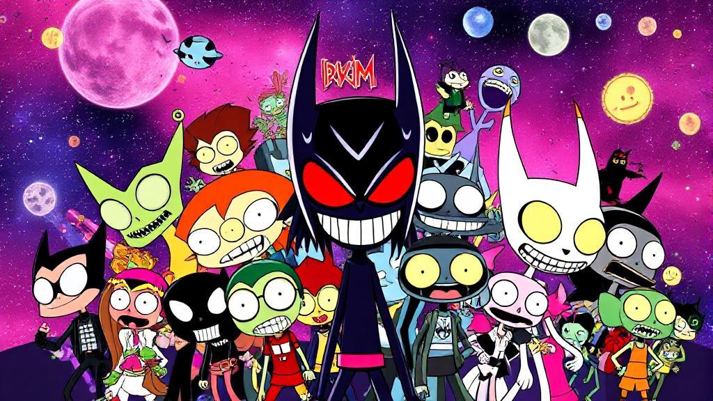A vibrant collage of Invader Zim characters against a cosmic backdrop, highlighting the quirky and chaotic essence of the show.