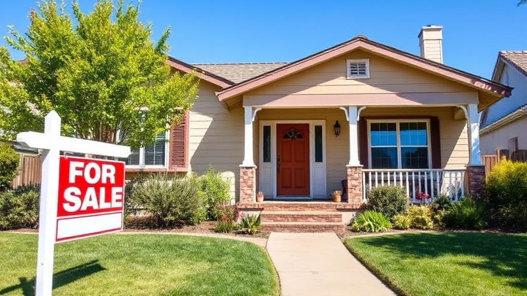 A vibrant image of a charming, well-staged home with a "For Sale" sign in the front yard, set against a clear blue sky.
