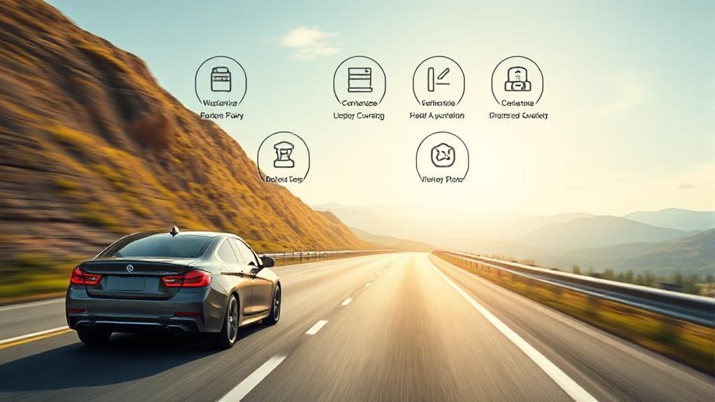 A sleek car driving down a scenic highway, with icons representing various insurance coverage options floating above it.