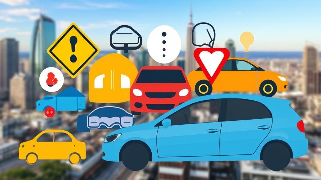 A collage of car icons and insurance symbols, set against a backdrop of a cityscape, illustrating the concept of essential auto insurance coverage.