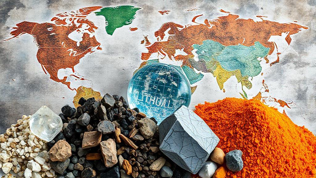 A visually engaging collage of various raw materials, including rare earth elements, lithium, and cobalt, with a world map in the background to emphasize global significance.