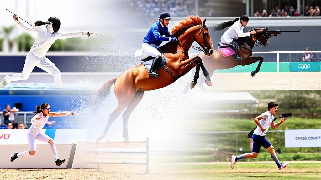 A dynamic collage showcasing athletes in action across the five disciplines of modern pentathlon: fencing, swimming, equestrian show jumping, pistol shooting, and cross-country running.