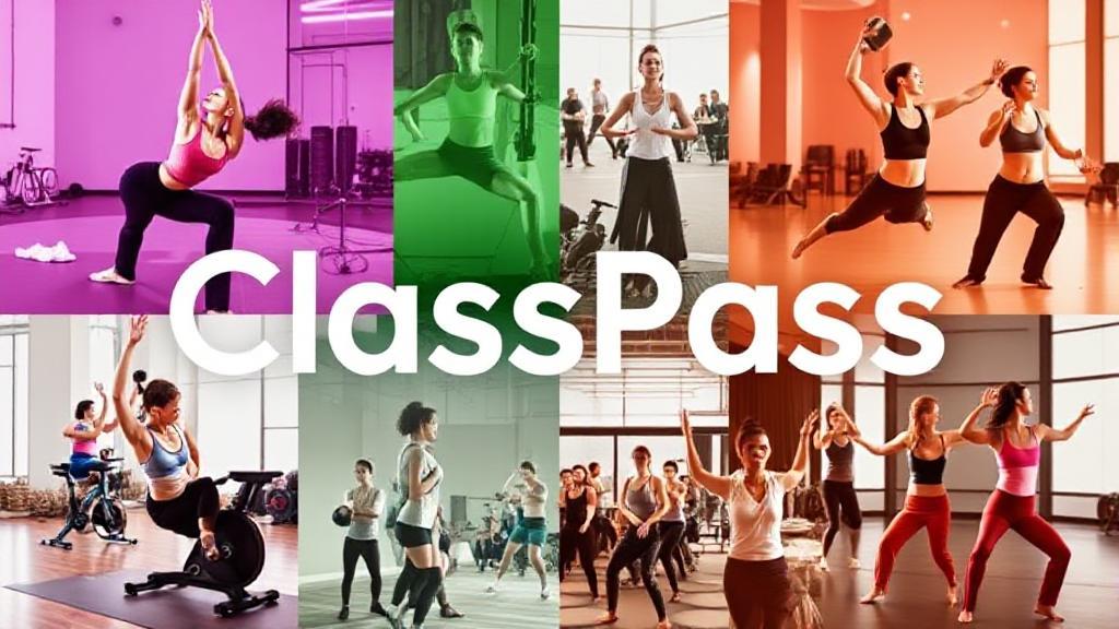 A vibrant collage of fitness classes, including yoga, cycling, and dance, symbolizing the diverse offerings available through ClassPass.