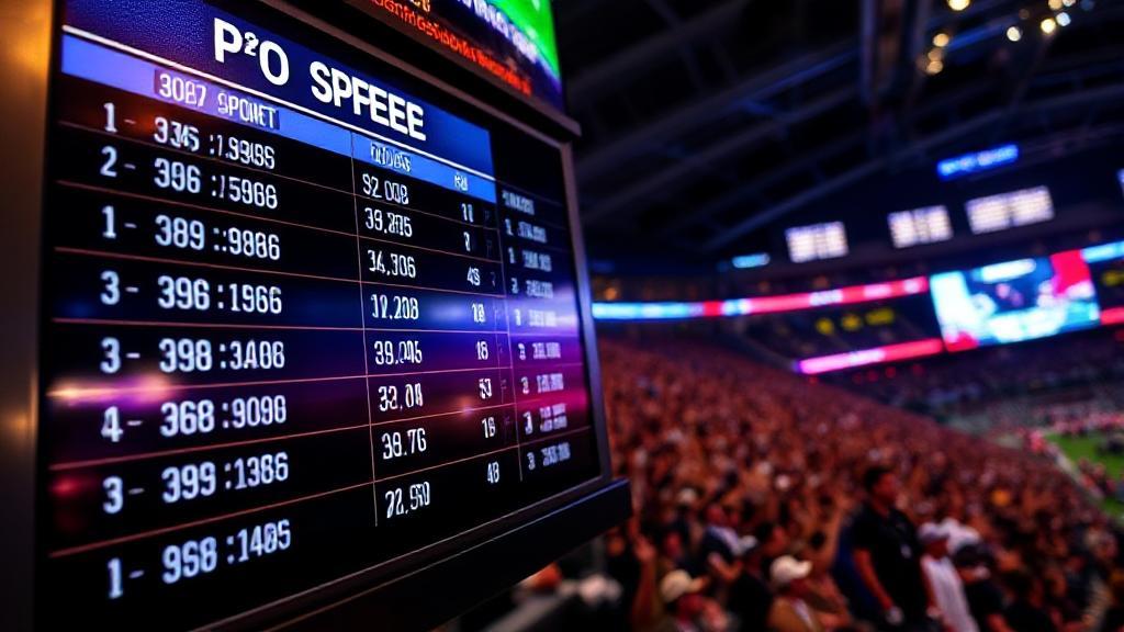 A dynamic image featuring a close-up of a sportsbook board displaying various point spreads for upcoming games, with a background of enthusiastic fans and vibrant stadium lights.