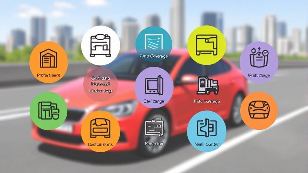 A collage of icons representing different car insurance coverage types, set against a backdrop of a car and a cityscape.