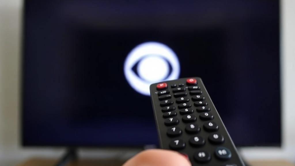 A remote control pointing at a TV screen displaying the CBS logo.
