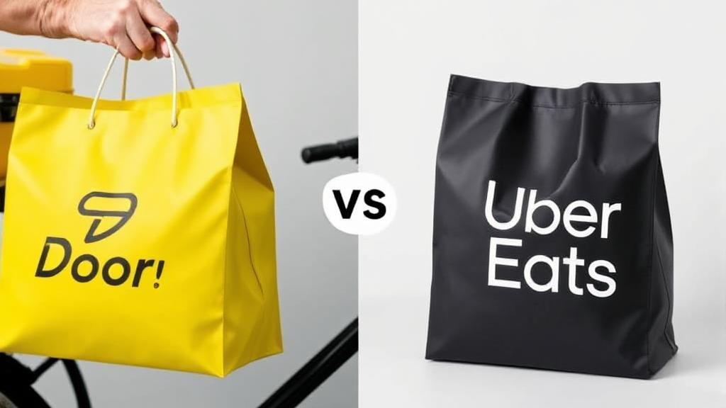 A split-screen image showing a DoorDash delivery bag on one side and an Uber Eats delivery bag on the other, symbolizing the comparison of the two services.