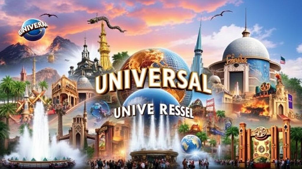 A vibrant collage of iconic attractions and thrilling rides from various Universal Studios parks, capturing the essence of adventure and excitement.