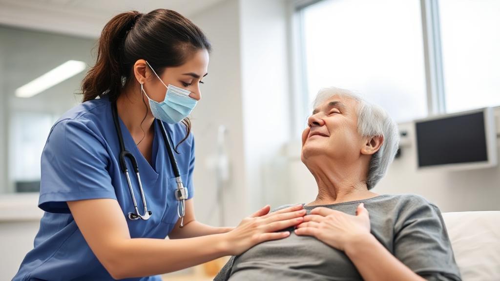 A compassionate respiratory therapist assists a patient with breathing exercises in a modern medical facility.