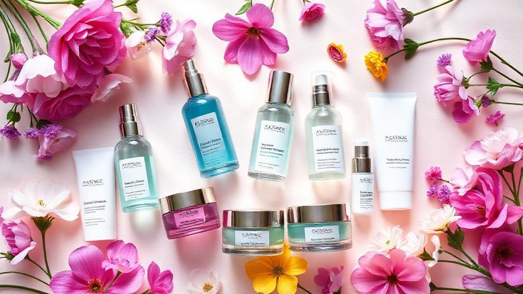 A vibrant flat lay of beautifully arranged skincare sets, featuring bottles, jars, and creams on a soft, glowing background with fresh flowers and dewy textures.