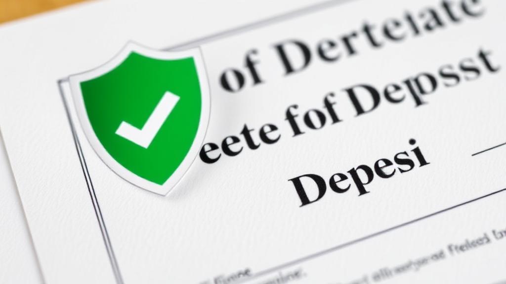 A close-up image of a Certificate of Deposit document alongside a shield symbol, representing financial protection and security.
