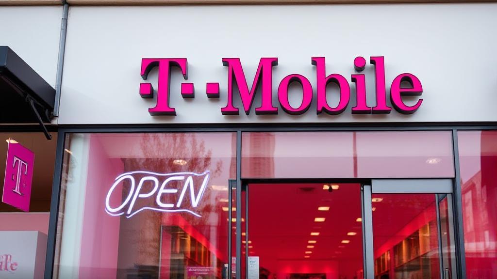 A vibrant T-Mobile storefront with a prominent "Open" sign, welcoming customers during daylight hours.