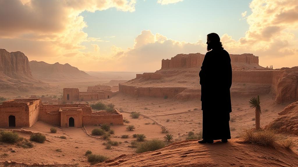 A serene depiction of an ancient Middle Eastern landscape with a silhouette of Jesus, symbolizing his enduring impact on history and religion.