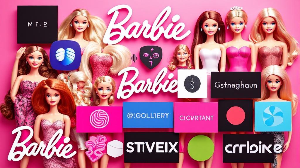 A vibrant collage of iconic Barbie dolls and streaming platform logos set against a pink backdrop.