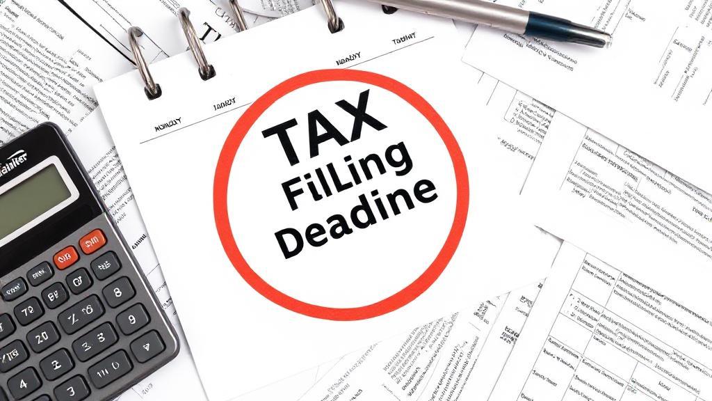 A calendar marked with a red circle around the tax filing deadline date, surrounded by scattered tax documents and a calculator.