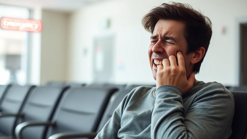 A concerned individual clutching their jaw in pain, sitting in a waiting room with a visible emergency room sign in the background.