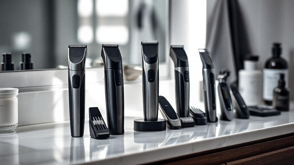 A sleek lineup of modern beard trimmers arranged on a stylish bathroom counter, surrounded by grooming essentials and soft natural lighting.