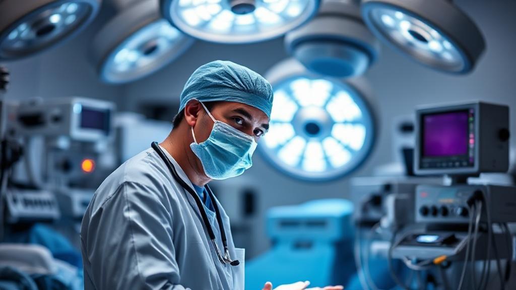A focused anesthesiologist in a surgical setting, surrounded by medical equipment, symbolizing the journey and expertise required in the field.