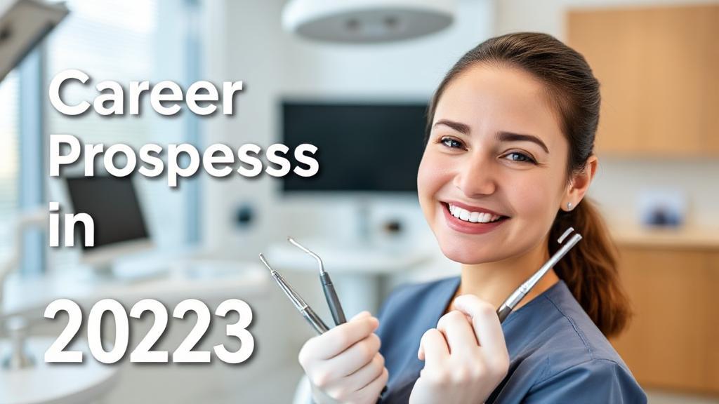 A smiling dental hygienist in a modern clinic, holding dental tools, symbolizing career prospects in 2023.
