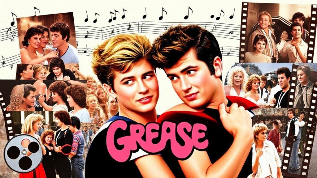 A vibrant collage of iconic scenes from "Grease," featuring the main characters, Danny and Sandy, set against a backdrop of musical notes and film reels.