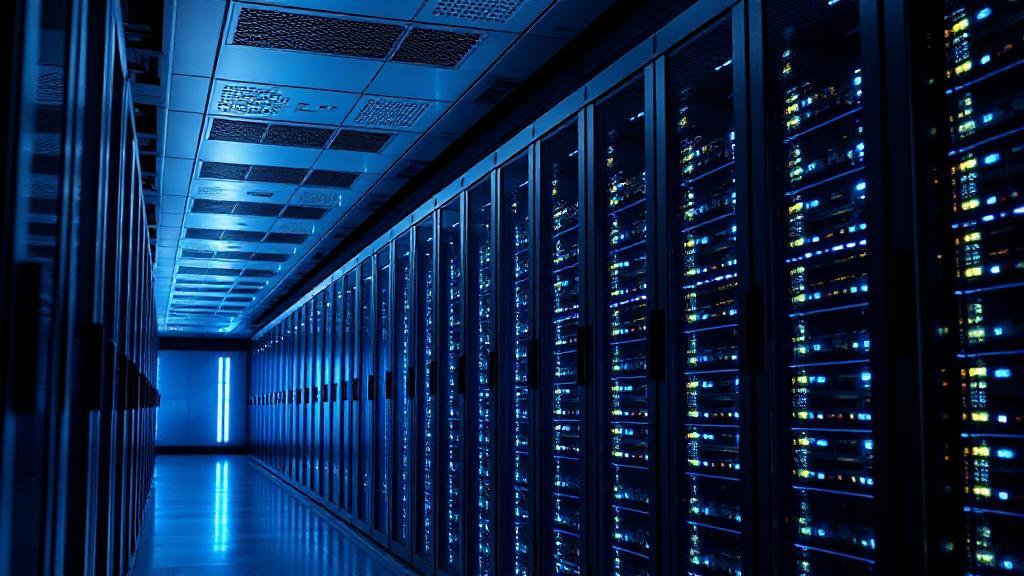 A sleek, modern data center with rows of illuminated server racks, symbolizing the complexity and functionality of servers.