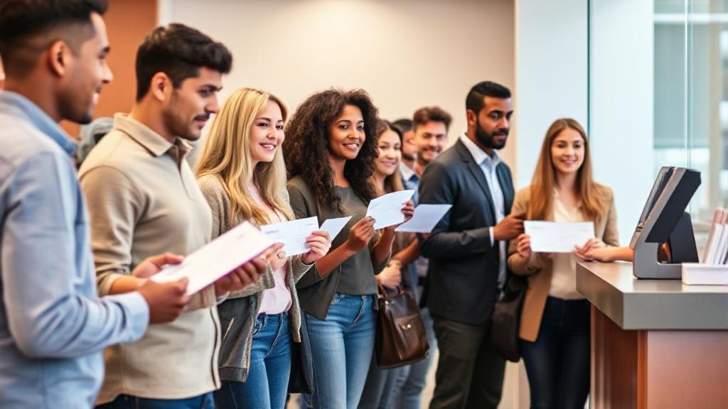 A diverse group of people standing in line at a bank counter, each holding a check, with a bank teller assisting them.