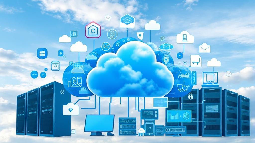 A dynamic collage of digital cloud icons, servers, and interconnected devices against a backdrop of a sky, symbolizing the integration and versatility of cloud solutions.