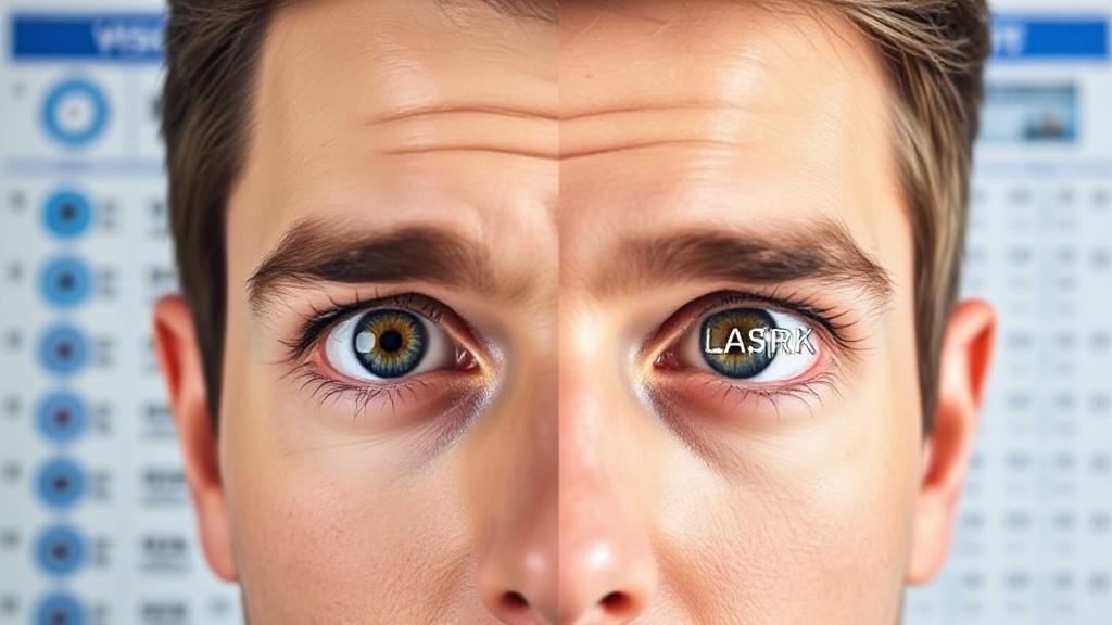 A split image showing a person considering their options, with one eye symbolizing PRK and the other LASIK, set against a backdrop of a vision chart.