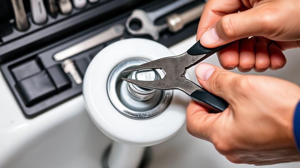 A close-up image of hands using pliers to remove a bathtub drain stopper, with a neatly organized toolkit in the background.