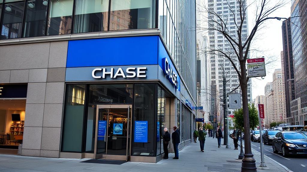 A bustling city street with a prominent Chase Bank branch, its doors just opening to welcome early morning customers.