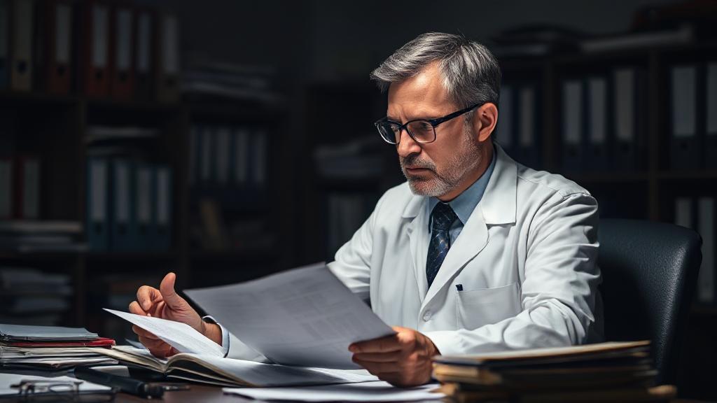 A thoughtful forensic psychologist analyzing evidence in a dimly lit office, surrounded by case files and psychological assessment tools.