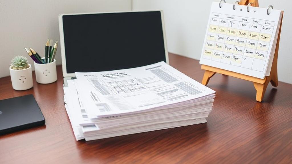 A neatly organized desk with a laptop, a stack of bank statements, and a calendar highlighting key dates for document retention.