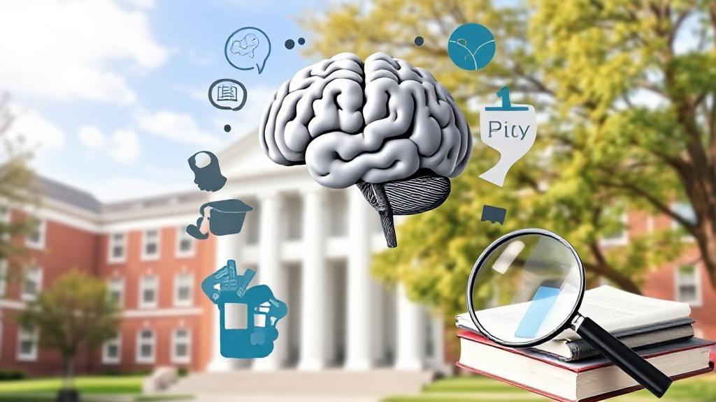 A collage of psychology-related symbols, including a brain, a magnifying glass, and a book, set against a backdrop of a university campus.