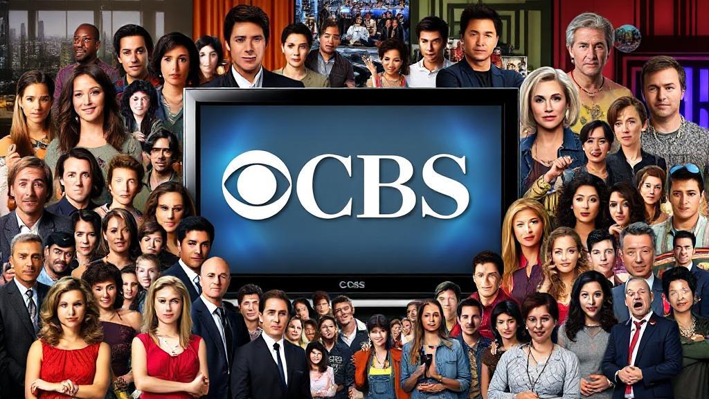 A vibrant collage of popular CBS TV show characters and iconic scenes, set against a backdrop of the CBS logo and a glowing TV screen.