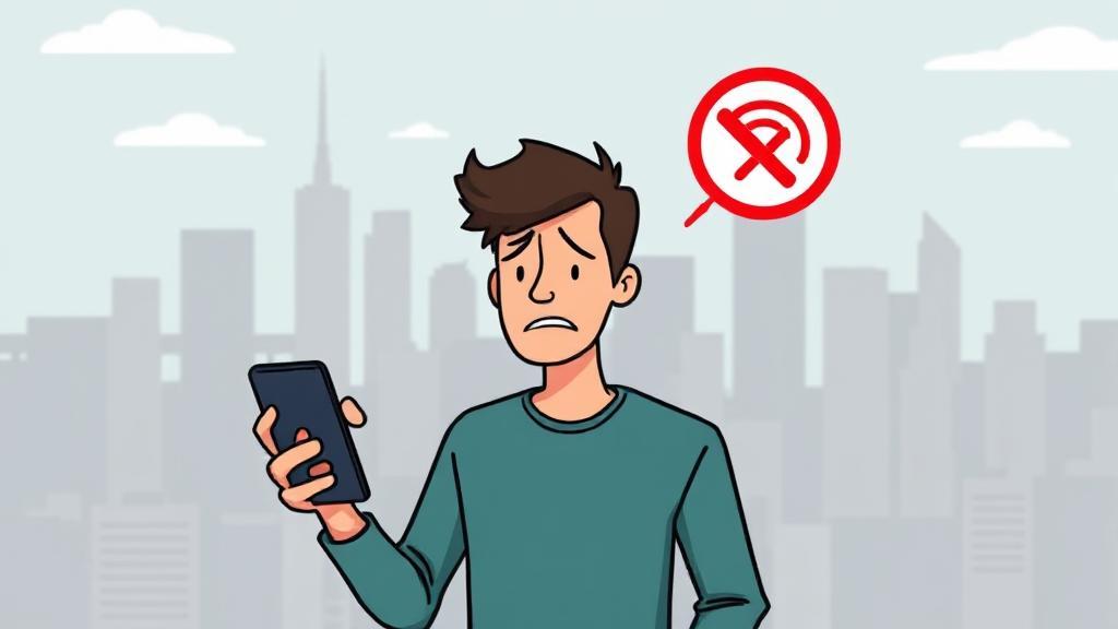 A digital illustration of a frustrated person holding a smartphone, with a backdrop of a city skyline and a prominent "No Signal" icon.