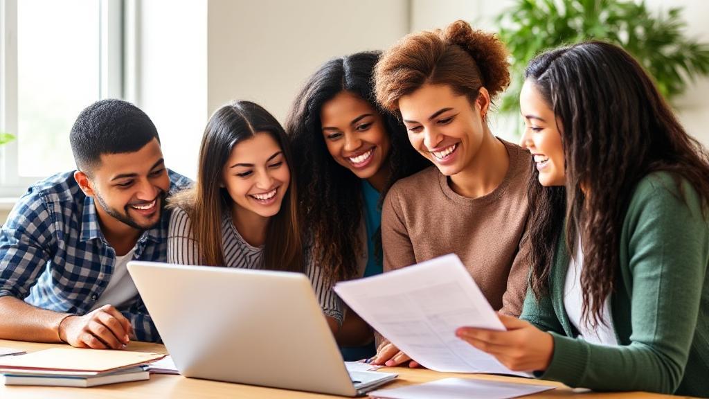 A diverse group of students happily reviewing financial documents and using a laptop, symbolizing the journey of securing a student loan.